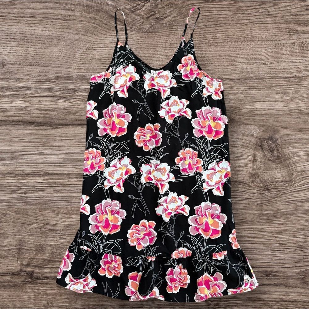 Roxy Floral Sundress XS Black Pink Spaghetti Strap Ruffle Hem Summer Dress